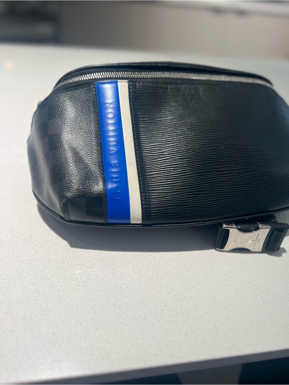 Louis Vuitton Black Belt Bag with Blue and White Stripe
